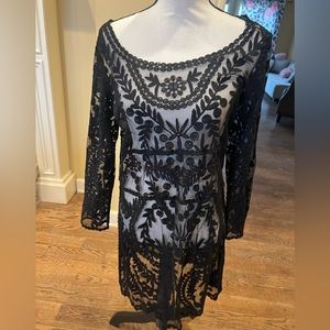 Express black lace mini dress long sleeve drop waist dress or swimsuit cover L